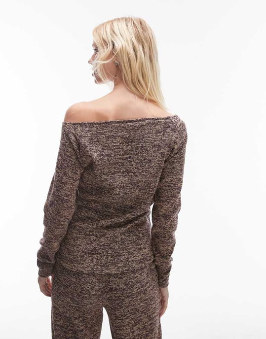 Resume boat neck long sleeve space dye lightweight jumper in brown melange co-ord - Image 3