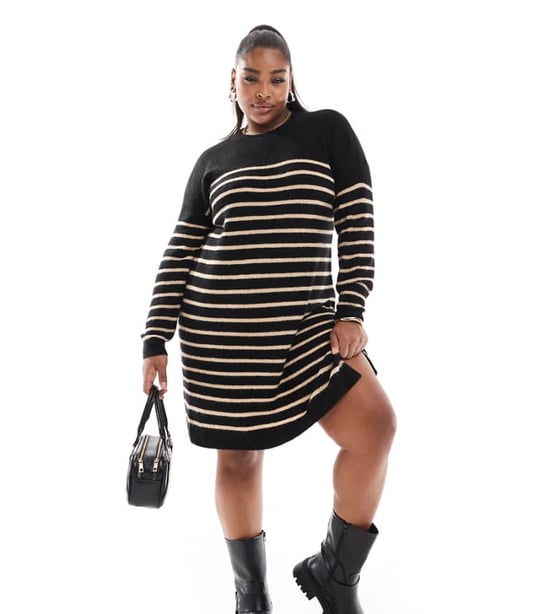 Yours stripe mini jumper dress in black and neutral - Image 1