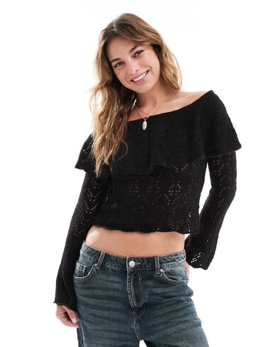 Miss Selfridge knitted lace bardot top in black - Image 1