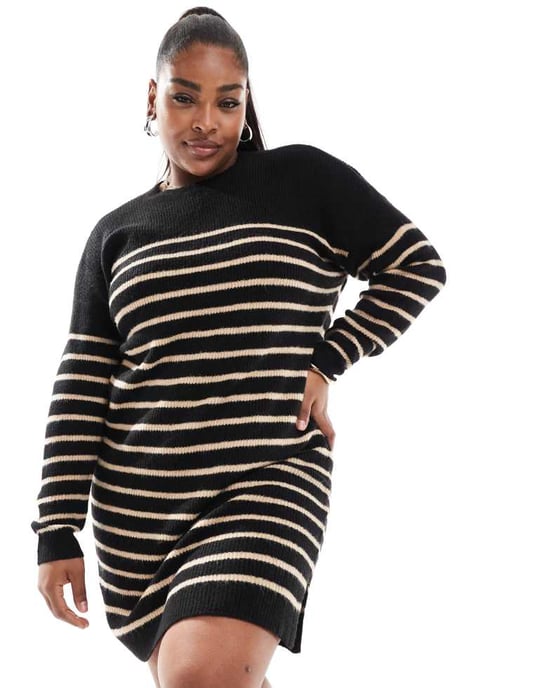 Yours stripe mini jumper dress in black and neutral - Image 2