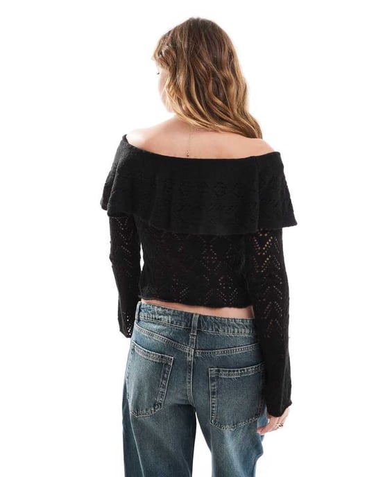 Miss Selfridge knitted lace bardot top in black - Image 2