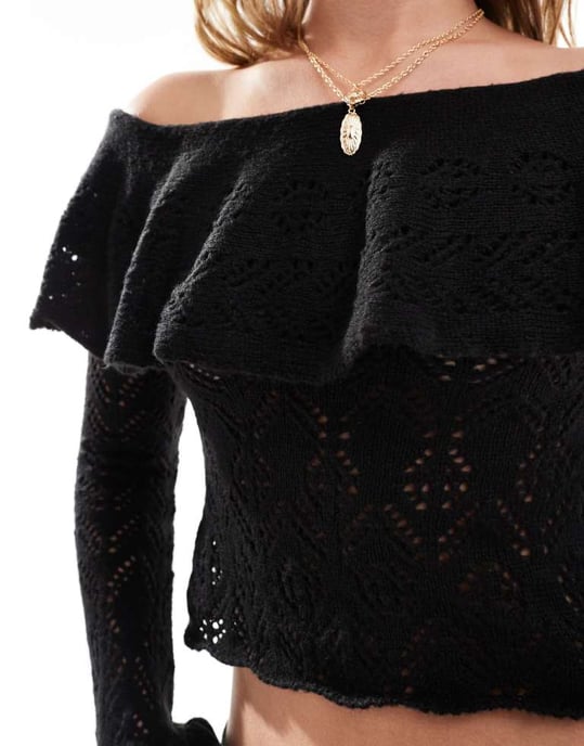 Miss Selfridge knitted lace bardot top in black - Image 3