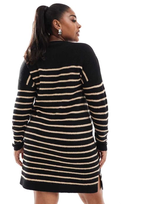 Yours stripe mini jumper dress in black and neutral - Image 4