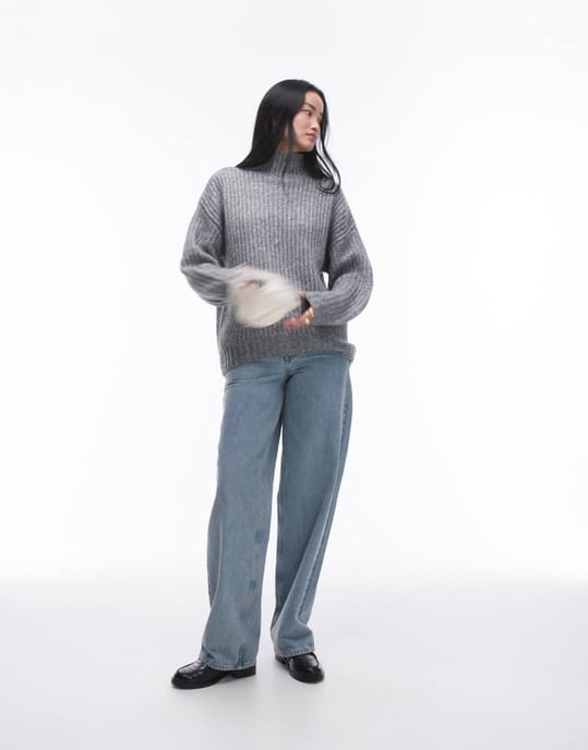 Topshop knitted fluffy high neck oversized jumper in grey - Image 2