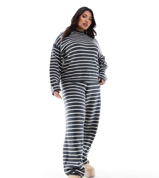 Pieces Curve high neck jumper co-ord in grey blue stripe - Image 1