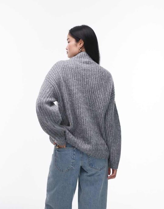 Topshop knitted fluffy high neck oversized jumper in grey - Image 3