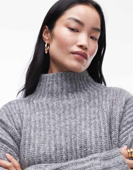 Topshop knitted fluffy high neck oversized jumper in grey - Image 4
