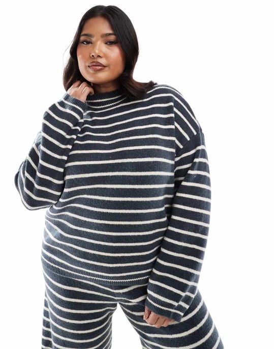 Pieces Curve high neck jumper co-ord in grey blue stripe - Image 2