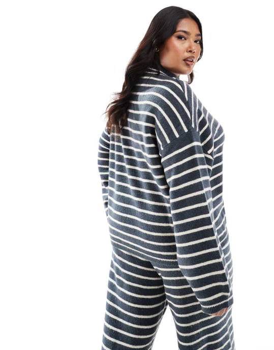 Pieces Curve high neck jumper co-ord in grey blue stripe - Image 4