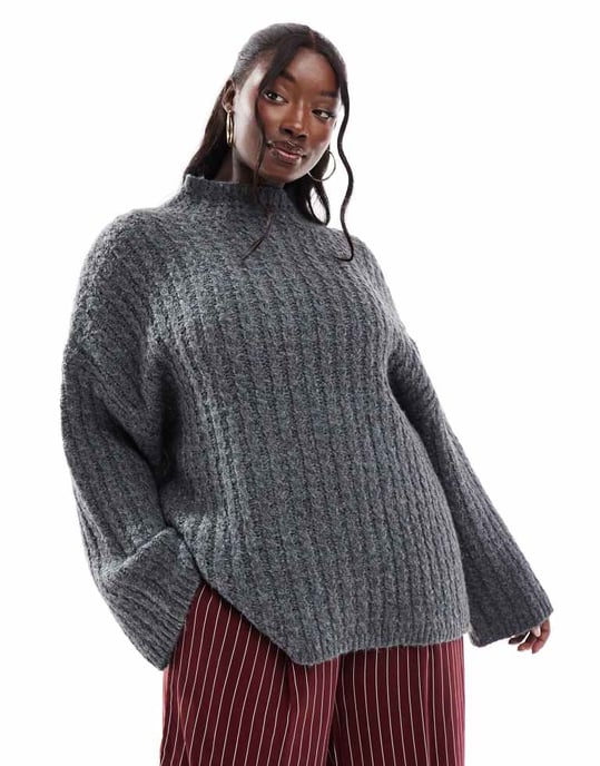 Pieces Curve longline jumper with high neck in grey - Image 2