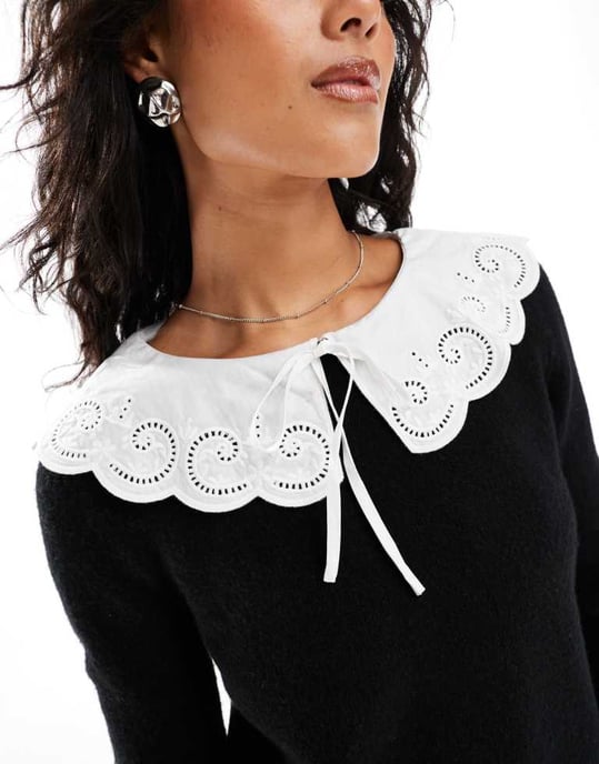 Nobody's Child broderie collar knitted jumper in black and white - Image 2