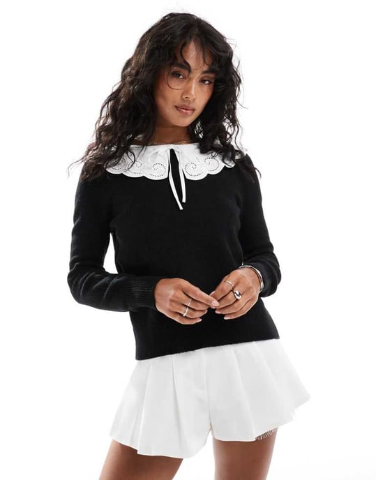 Nobody's Child broderie collar knitted jumper in black and white - Image 3