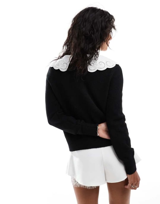 Nobody's Child broderie collar knitted jumper in black and white - Image 4