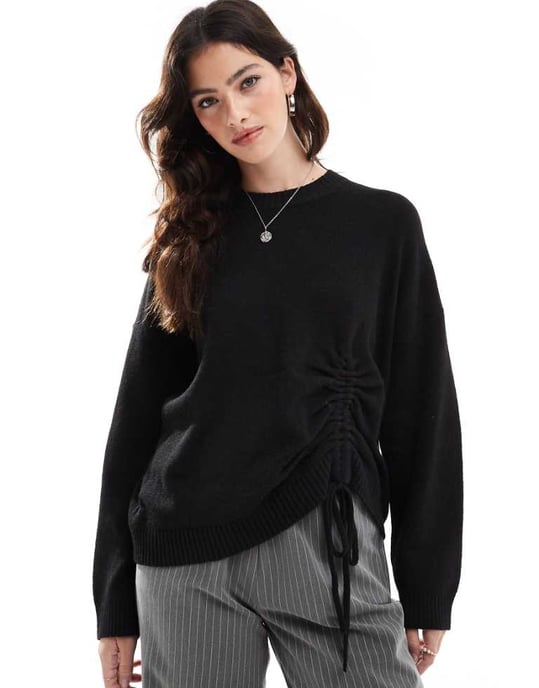 French Connection crew neck jumper with ruched tie front in black - Image 1
