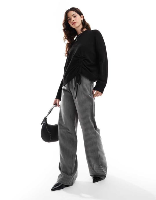 French Connection crew neck jumper with ruched tie front in black - Image 2