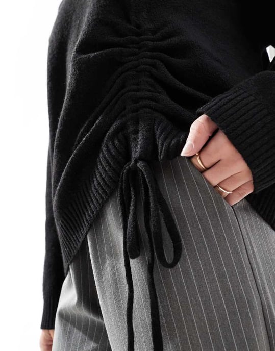 French Connection crew neck jumper with ruched tie front in black - Image 3