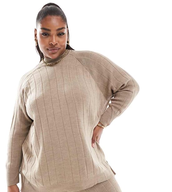 ONLY Curve high neck knitted lightweight knitted jumper co-ord in sand - Image 1