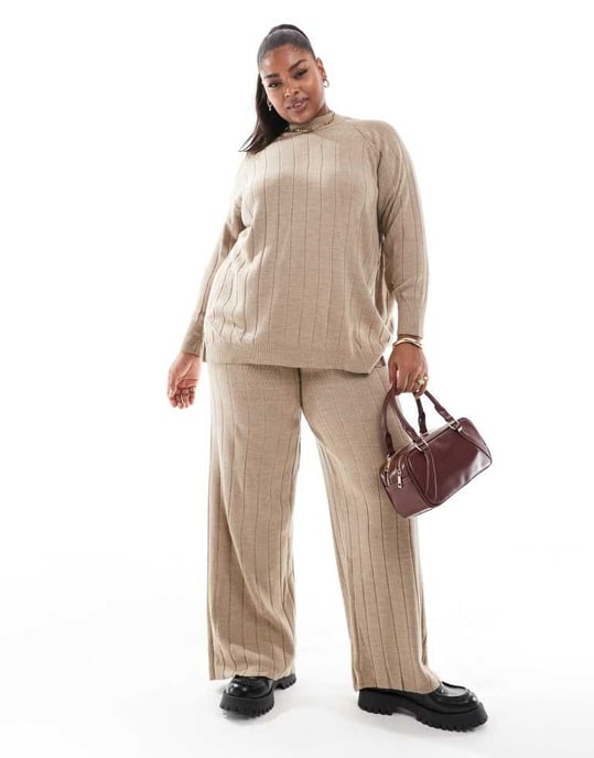 ONLY Curve high neck knitted lightweight knitted jumper co-ord in sand - Image 2