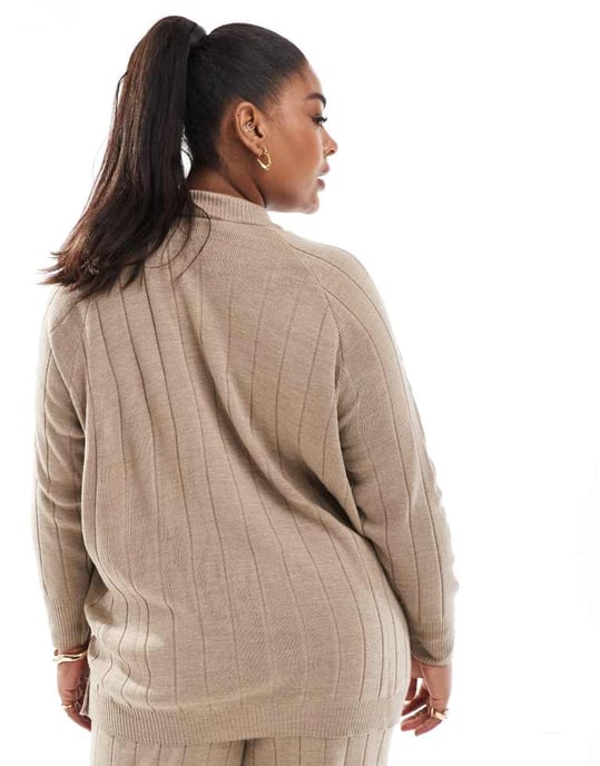 ONLY Curve high neck knitted lightweight knitted jumper co-ord in sand - Image 4