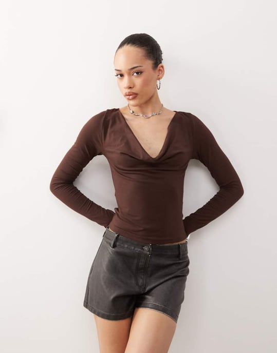 Motel Renice cowl long sleeeve top in bitter chocolate - Image 1