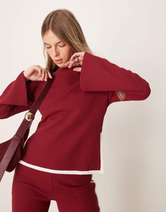 ASOS DESIGN tipped waffle co ord top with flare sleeve in burgundy - Image 1