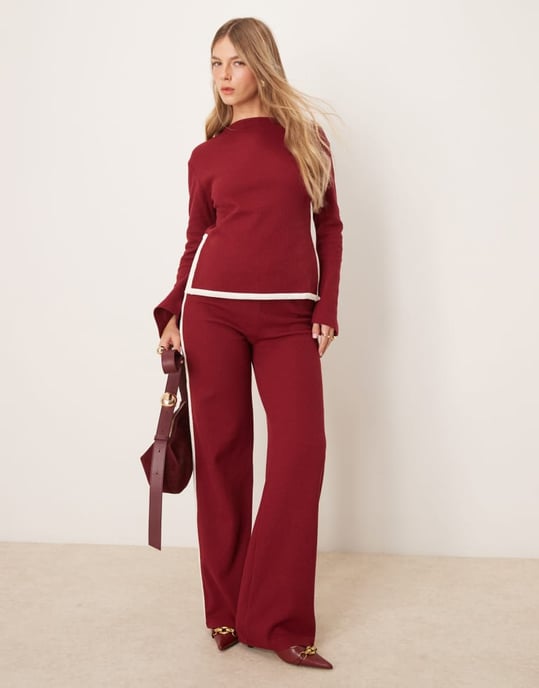 ASOS DESIGN tipped waffle co ord top with flare sleeve in burgundy - Image 2