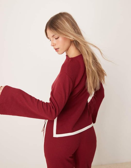 ASOS DESIGN tipped waffle co ord top with flare sleeve in burgundy - Image 3