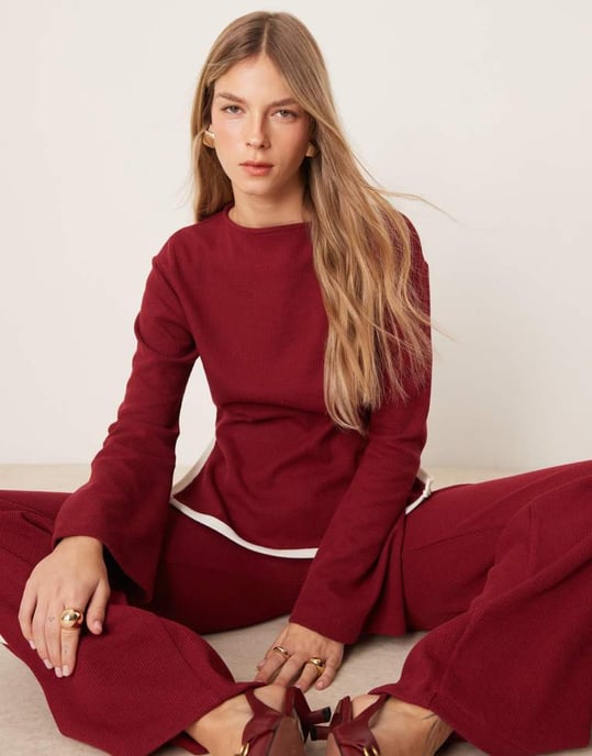 ASOS DESIGN tipped waffle co ord top with flare sleeve in burgundy - Image 4