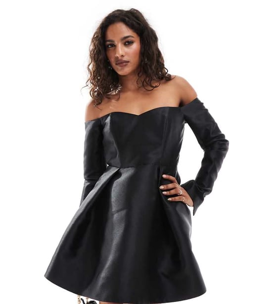 Forever New Petite satin long sleeve mini dress in black - Image 1