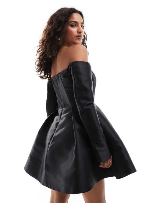 Forever New Petite satin long sleeve mini dress in black - Image 2