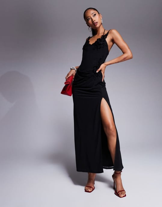 ASOS DESIGN floral applique detail draped cowl midi dress with skinny straps in black - Image 1