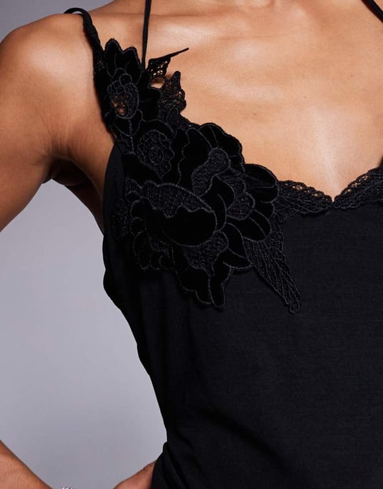 ASOS DESIGN floral applique detail draped cowl midi dress with skinny straps in black - Image 2