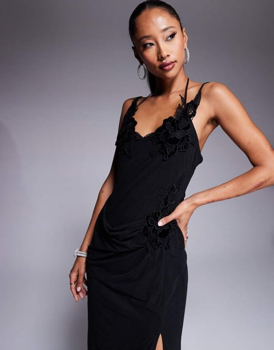 ASOS DESIGN floral applique detail draped cowl midi dress with skinny straps in black - Image 3