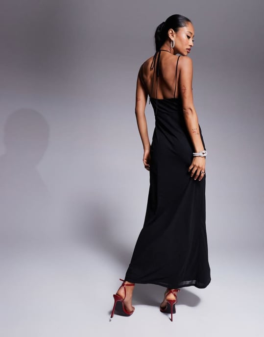 ASOS DESIGN floral applique detail draped cowl midi dress with skinny straps in black - Image 4