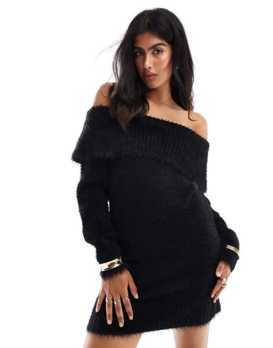 Cotton On off shoulder fluffy mini dress in black - Image 1