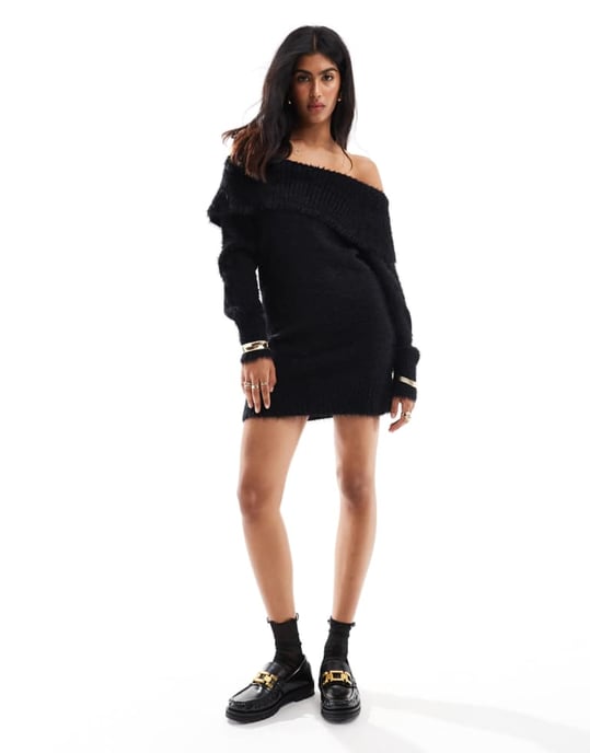 Cotton On off shoulder fluffy mini dress in black - Image 3