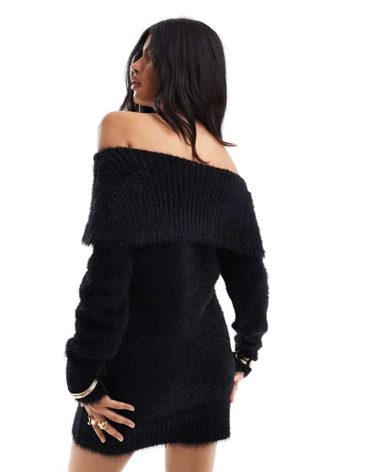 Cotton On off shoulder fluffy mini dress in black - Image 4