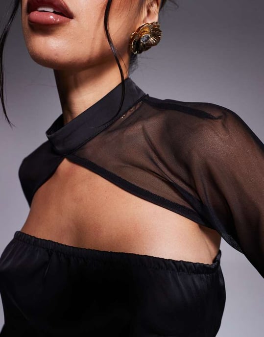 In The Style x Perrie Sian exclusive high neck flared sheer sleeve cutout satin mini dress in black - Image 2