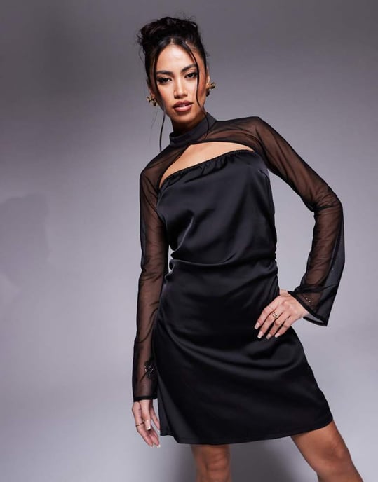 In The Style x Perrie Sian exclusive high neck flared sheer sleeve cutout satin mini dress in black - Image 3