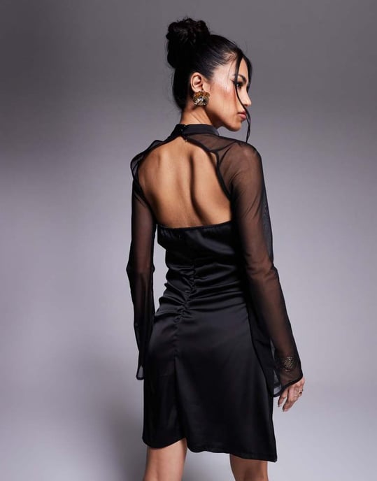 In The Style x Perrie Sian exclusive high neck flared sheer sleeve cutout satin mini dress in black - Image 4