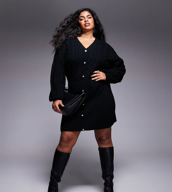 In The Style Plus x Perrie Sian cable knit v neck diamante button mini dress in black - Image 1
