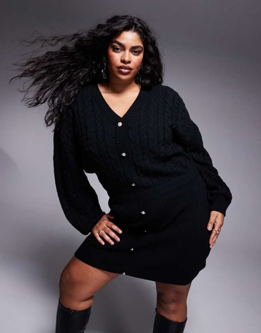 In The Style Plus x Perrie Sian cable knit v neck diamante button mini dress in black - Image 2