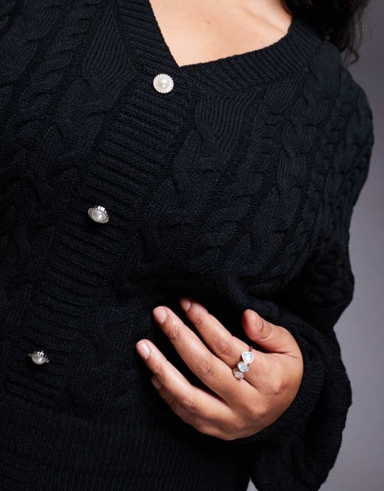 In The Style Plus x Perrie Sian cable knit v neck diamante button mini dress in black - Image 3