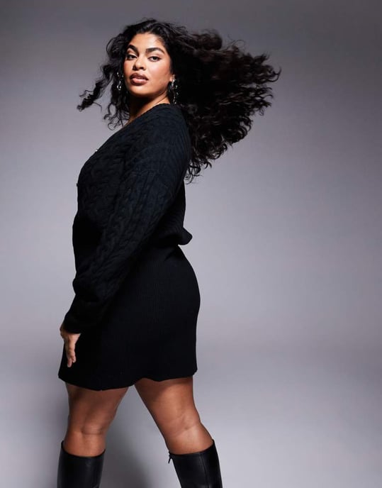 In The Style Plus x Perrie Sian cable knit v neck diamante button mini dress in black - Image 4