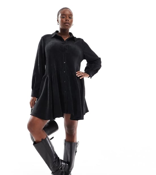 ASOS DESIGN Curve cord smock mini dress with peplum hem in black - Image 1