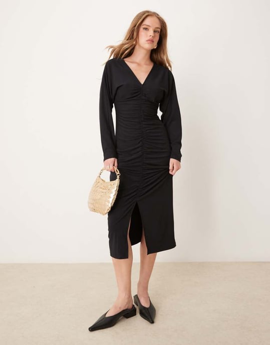 JDY ruched front midi dress in black - Image 1