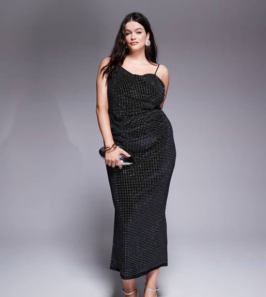 ASOS DESIGN Curve velvet embellished asymmetric draped neckline midi dress in black - Image 1