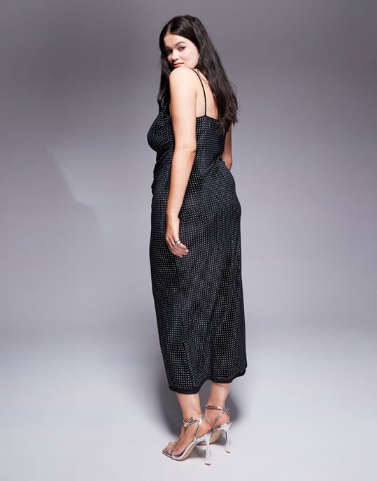 ASOS DESIGN Curve velvet embellished asymmetric draped neckline midi dress in black - Image 3