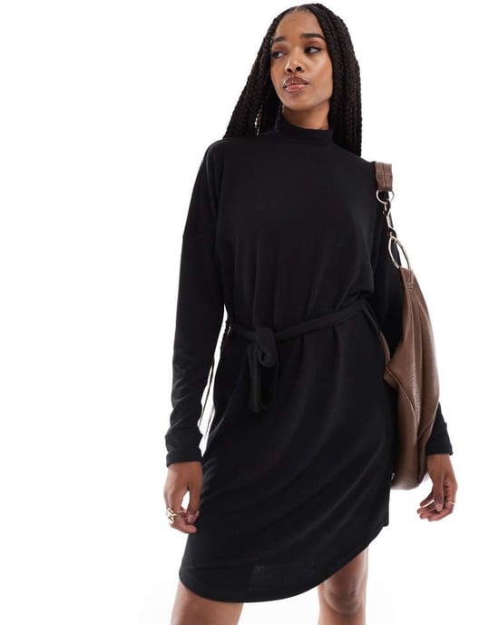 Noisy May Tall tie waist high neck knitted mini jumper dress in black - Image 2