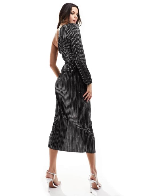 Y.A.S plisse one shoulder midi dress in black - Image 2